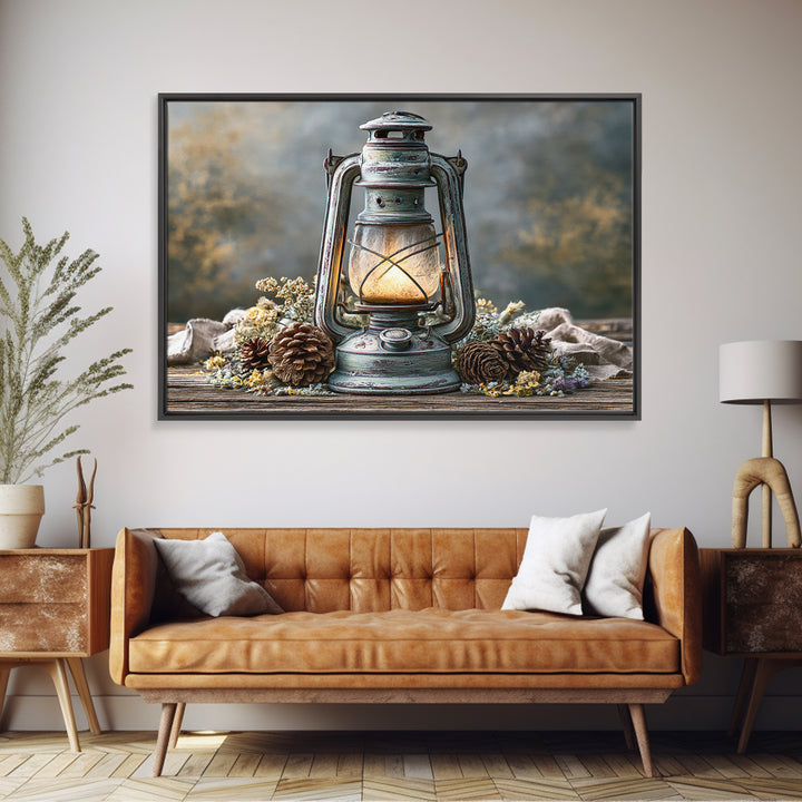Rustic Lantern Glowing Beside Pinecones Framed Canvas Print, Rustic Art, Fine Art Print, Farmhouse Decor, Watercolor Art, RUS-3x2-80