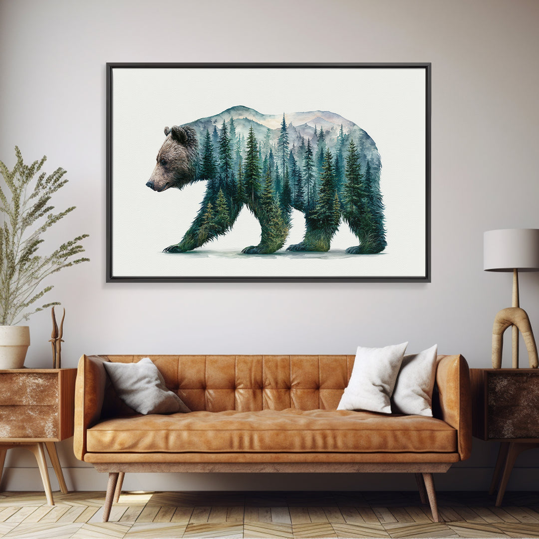 Bear Silhouette Among Pine Trees Canvas Print, Rustic Art, Wall Art, Farmhouse Decor, Fine Art, Rustic, Living Room Decor, RUS-3x2-83