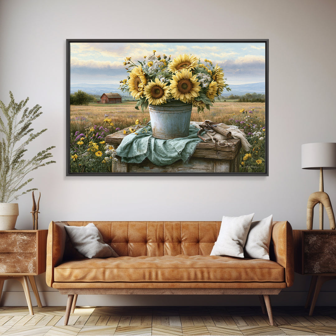 Sunflowers in a Metal Bucket Canvas Print, Rustic Art, Boho Decor, Farmhouse Decor, Oil Painting, Rustic, Digital Art, RUS-3x2-88