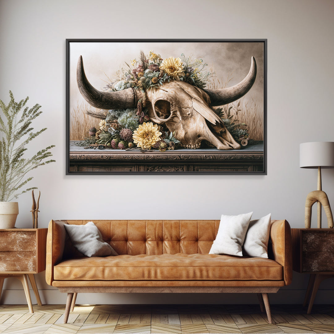 Cow Skull with Desert Flowers Canvas Print, Rustic Art, Living Room Art, Farmhouse Decor, Oil Painting, Rustic, RUS-3x2-93
