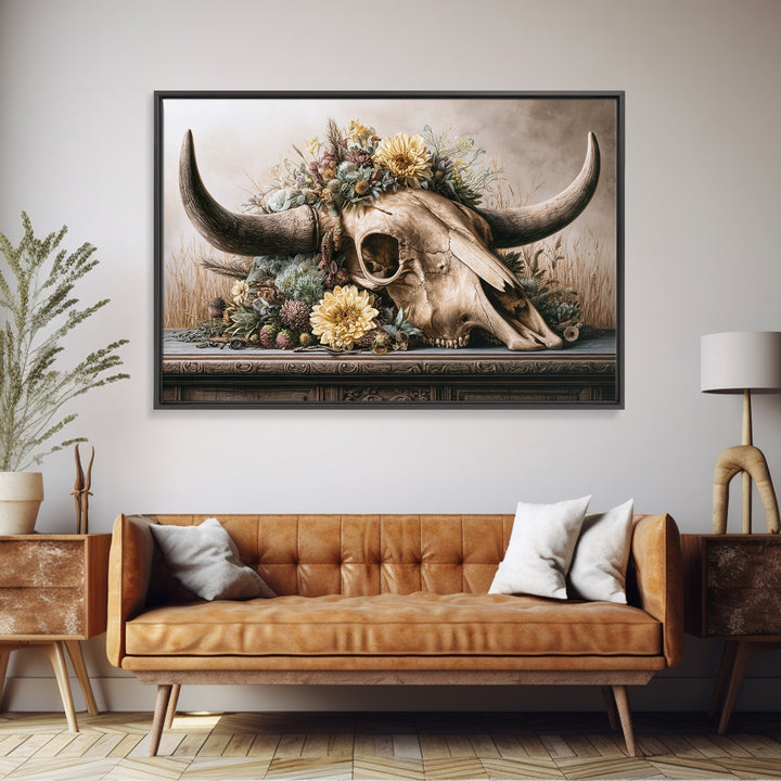 Cow Skull with Desert Flowers Canvas Print, Rustic Art, Living Room Art, Farmhouse Decor, Oil Painting, Rustic, RUS-3x2-93