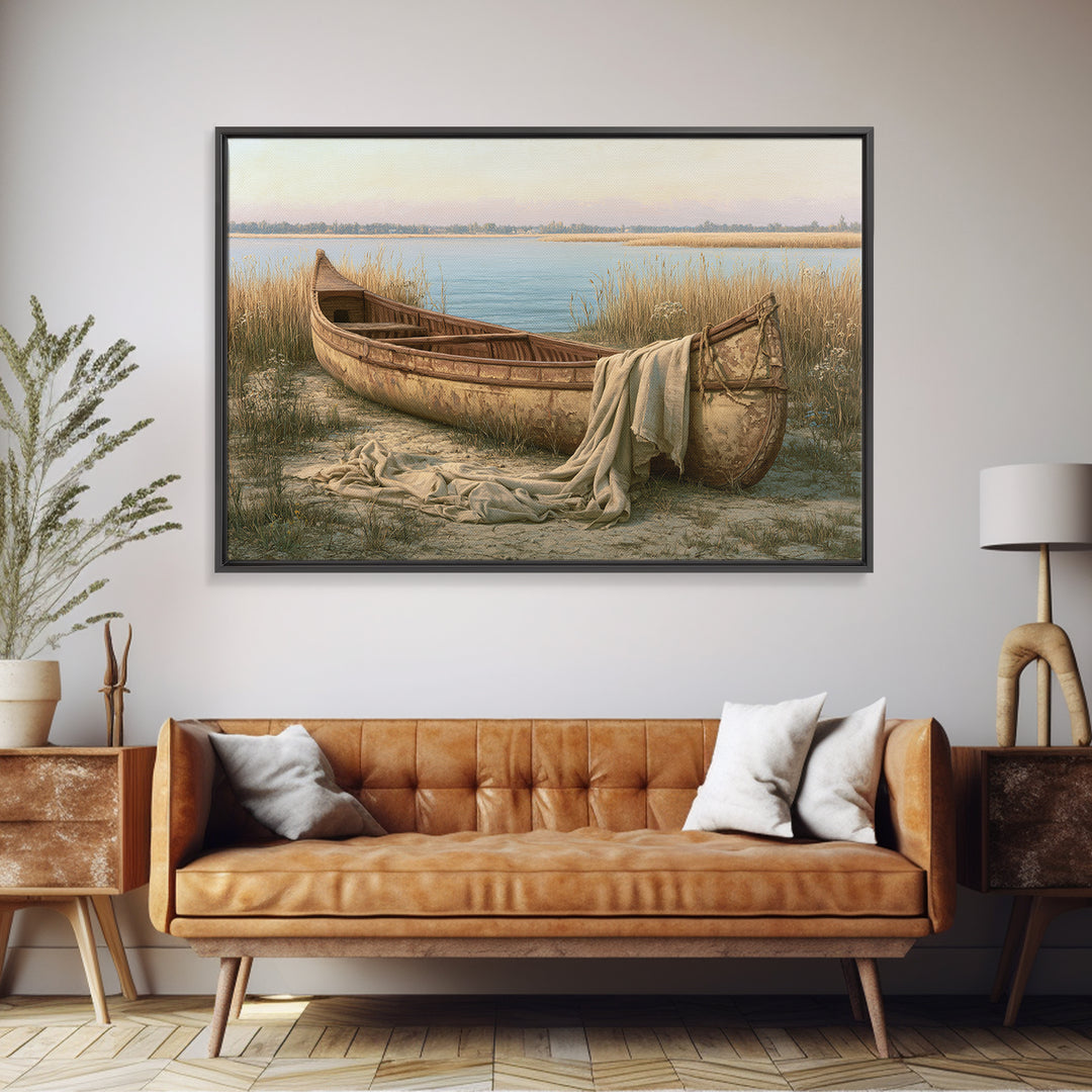 Old Canoe Pulled Onto a Lake Shore Framed Canvas Print, Rustic Art, Luxury Decor, Farmhouse Decor, Fine Art, Rustic, RUS-3x2-96