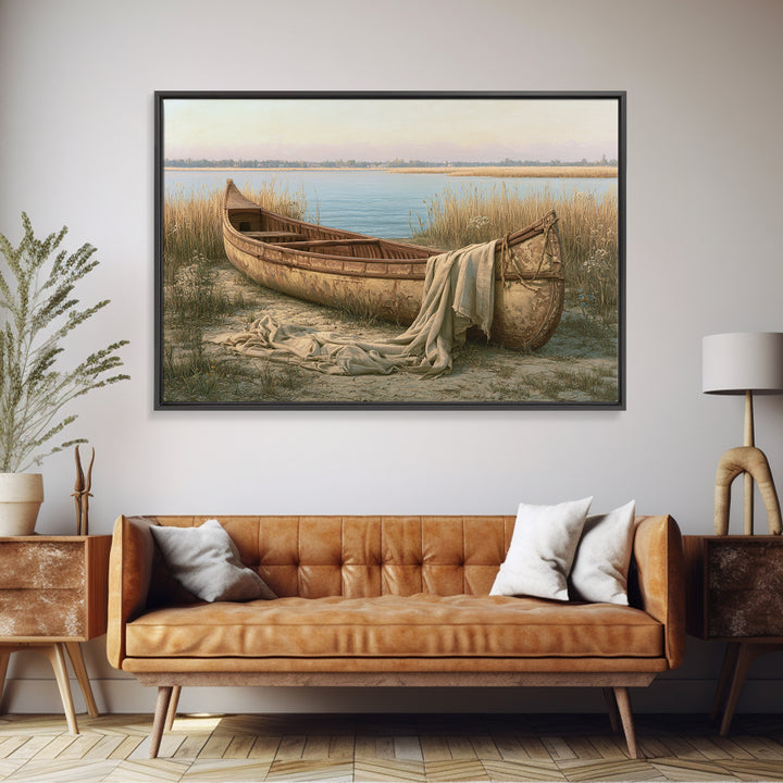 Old Canoe Pulled Onto a Lake Shore Framed Canvas Print, Rustic Art, Luxury Decor, Farmhouse Decor, Fine Art, Rustic, RUS-3x2-96
