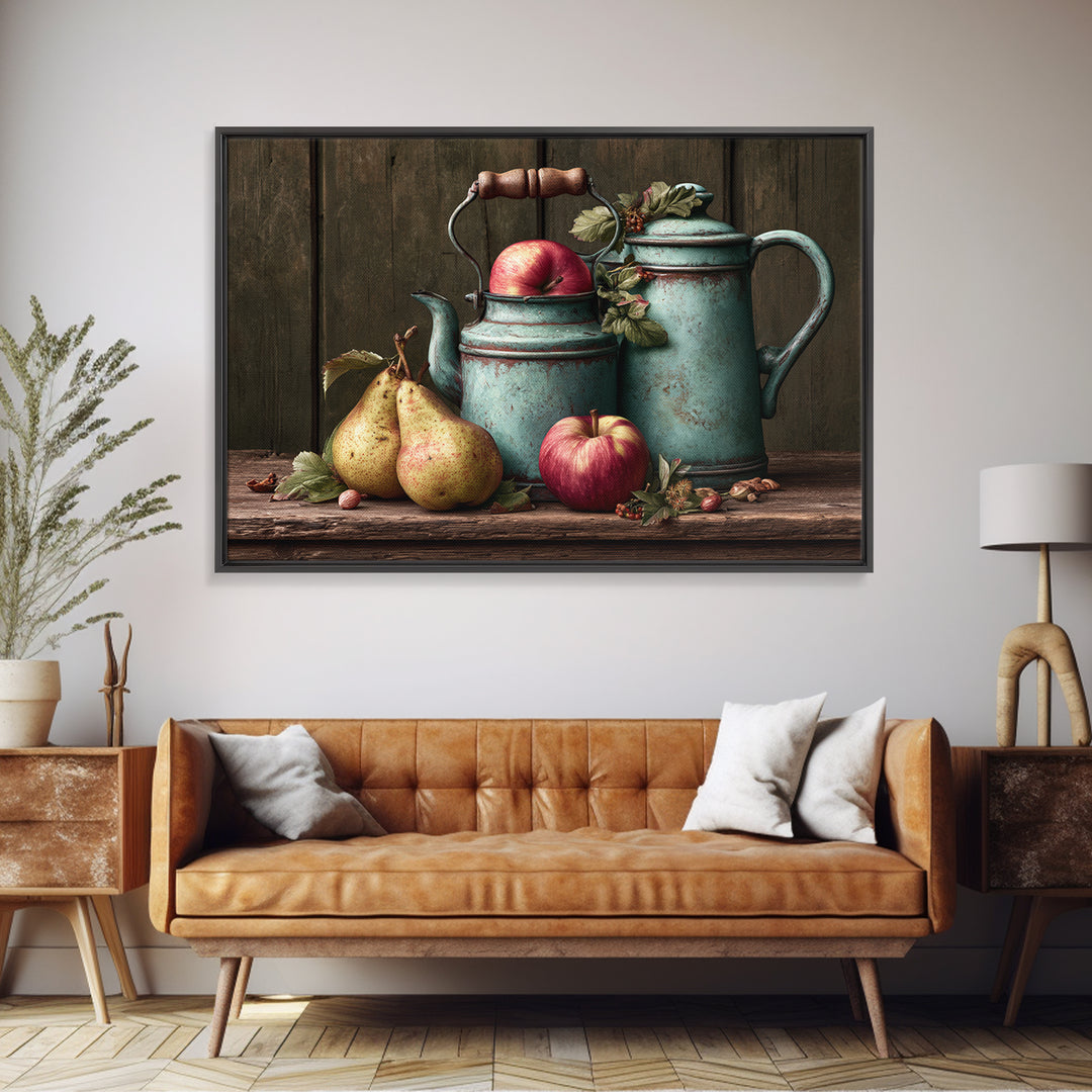 Rustic Pear and Apple Still Life Framed Canvas Print, Rustic Art, Gallery Wall Set, Farmhouse Decor, Watercolor Art, Rustic, RUS-3x2-97