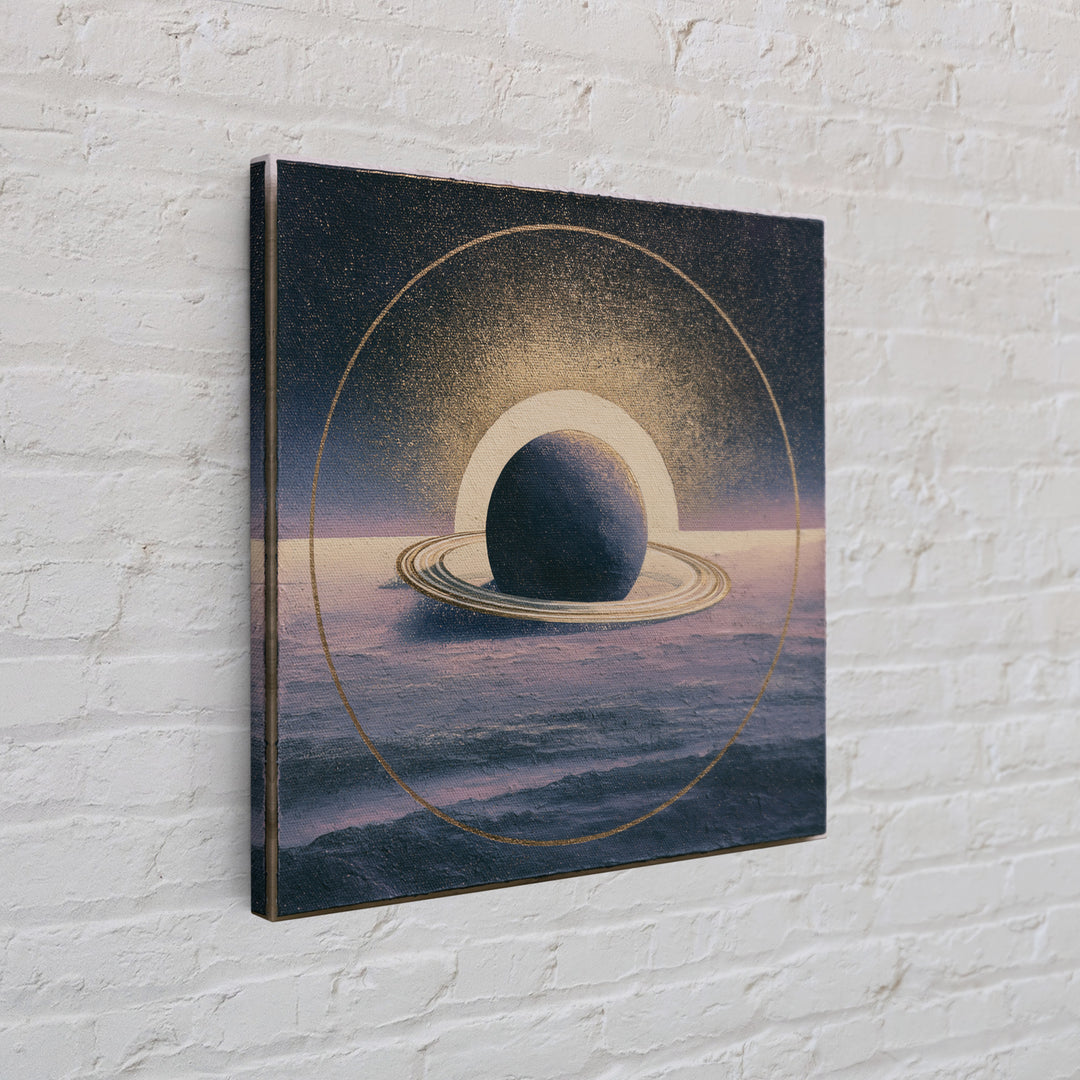 Ringed Planet Rising Framed Canvas Print, Space Art, Retro Wall Art, Spa Decor, Oil Painting, Serenity, Textured Painting, SAR-1x1-2