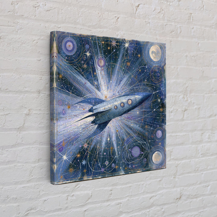 Rocket Ship Crossing a Retro Star Field Framed Canvas Print, Space Art, Fine Art Print, Spa Decor, Watercolor Art, Serenity, SAR-1x1-34