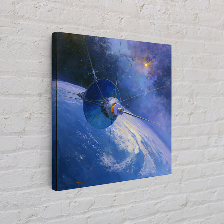 Satellite Orbiting Above Blue Planet Framed Canvas Print, Space Art, Retro Wall Art, Spa Decor, Abstract Art, Serenity, SAR-1x1-84