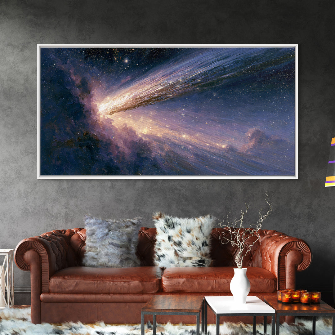 Comet Streaking Through Violet Darkness Canvas Print, Space Art, Poster, Spa Decor, Abstract Art, Serenity, Oil Painting, SAR-2x1-2