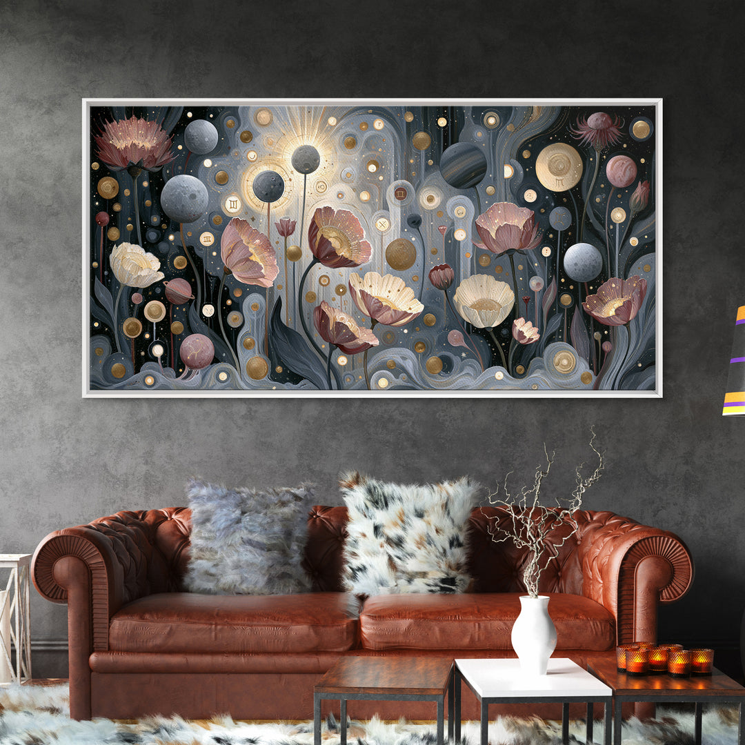 Cosmic Garden with Planets as Flowers Framed Canvas Print, Space Art, Digital Art, Spa Decor, Watercolor Art, Serenity, SAR-2x1-33
