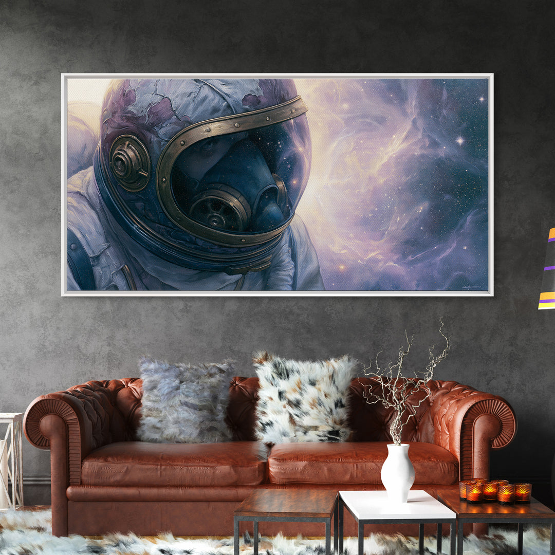 Astronaut Helmet Reflecting a Nebula Canvas Print, Space Art, Poster, Spa Decor, Watercolor Art, Serenity, Oil Painting, SAR-2x1-36