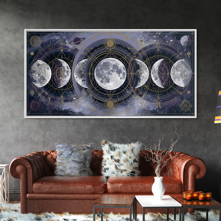 Moon Phases in Elegant Monochrome Framed Canvas Print, Space Art, Printable Wall Art, Spa Decor, Serenity, Retro Wall Art, SAR-2x1-37