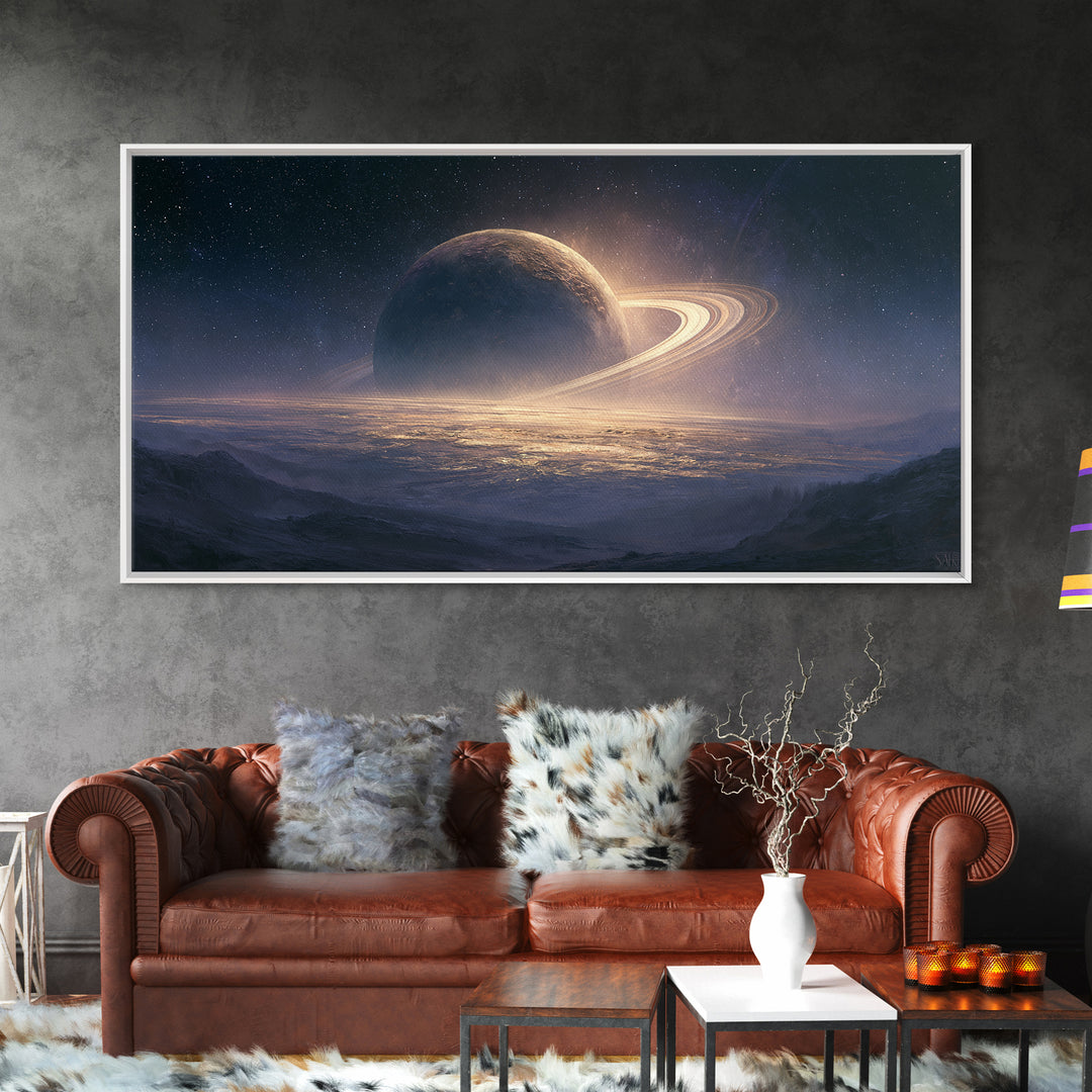 Ringed Planet Rising Framed Canvas Print, Space Art, Posters, Spa Decor, Fine Art, Serenity, Abstract Art, Printable Art, SAR-2x1-46