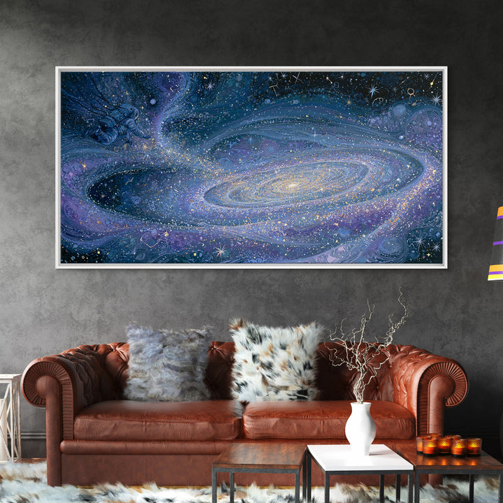 Astronaut Floating Near a Glowing Galaxy Canvas Print, Space Art, Spa Decor, Oil Painting, Serenity, Minimalist Wall Art, SAR-2x1-47