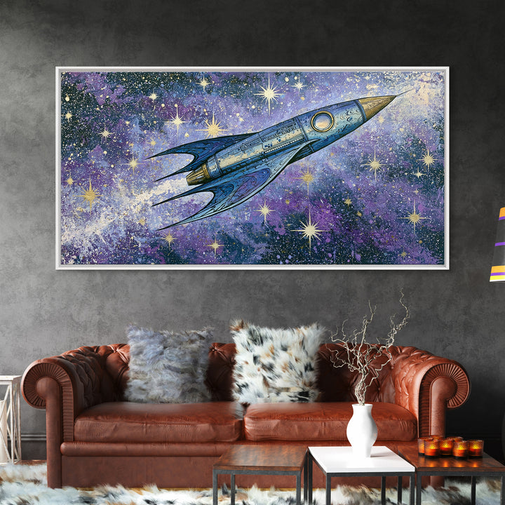 Rocket Ship Crossing a Retro Star Field Canvas Print, Space Art, Art Prints, Spa Decor, Fine Art, Serenity, Abstract Wall Art, SAR-2x1-54