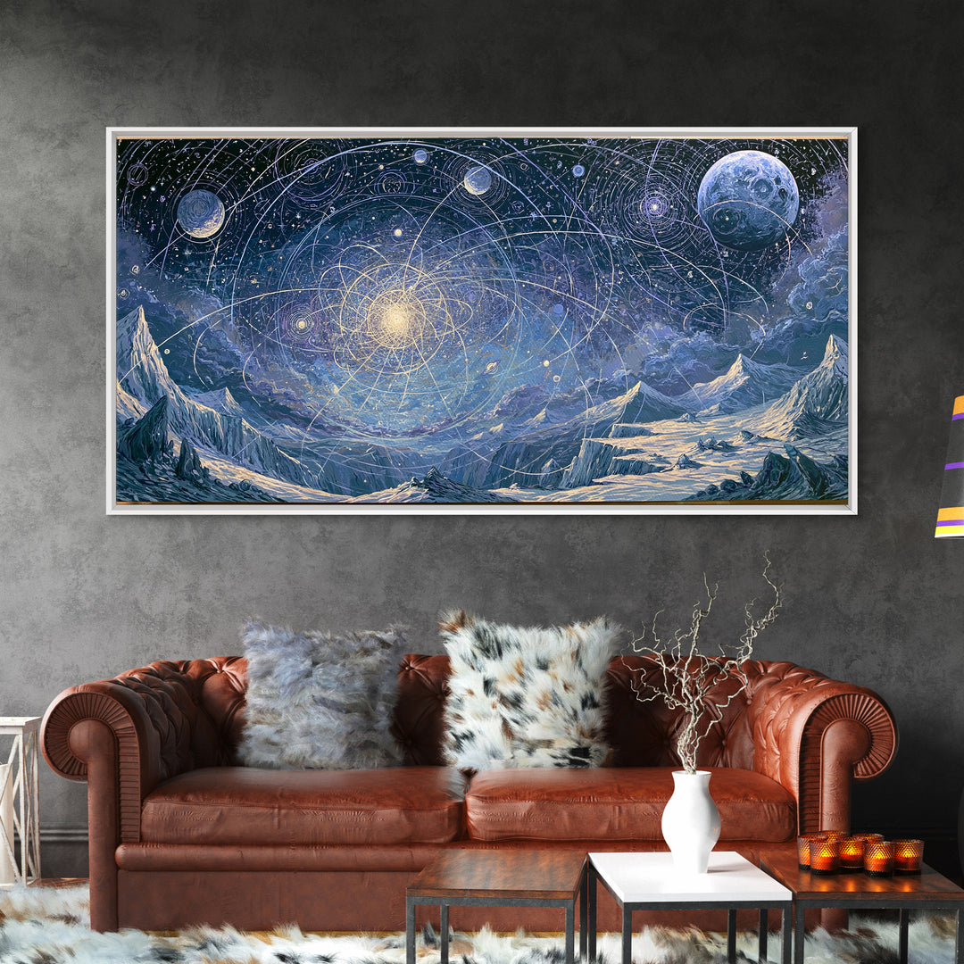 Alien Moonrise over Icy Cliffs Framed Canvas Print, Space Art, Printable Wall Art, Spa Decor, Oil Painting, Serenity, SAR-2x1-90