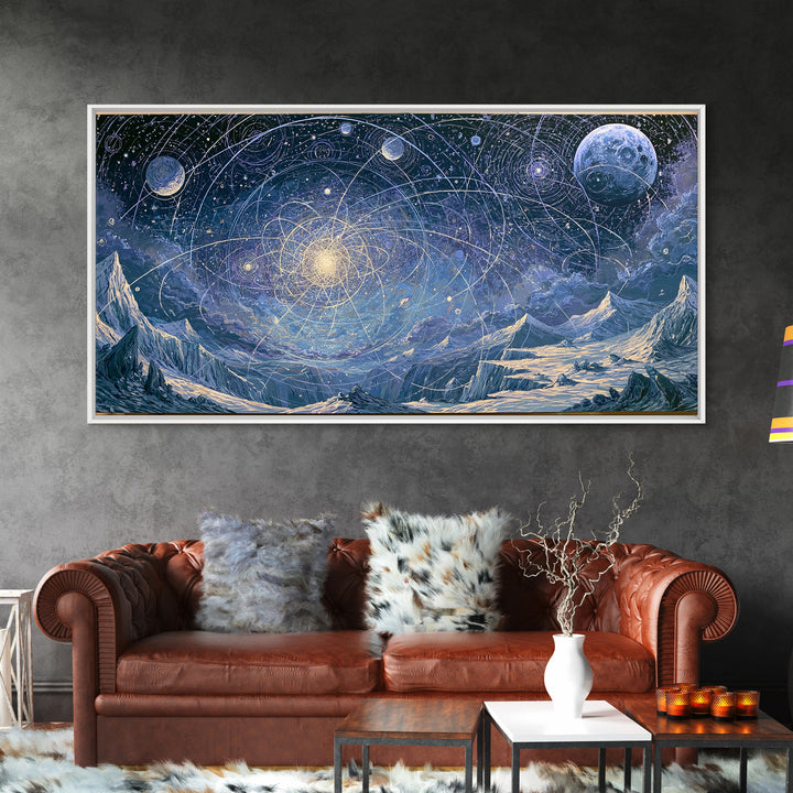 Alien Moonrise over Icy Cliffs Framed Canvas Print, Space Art, Printable Wall Art, Spa Decor, Oil Painting, Serenity, SAR-2x1-90