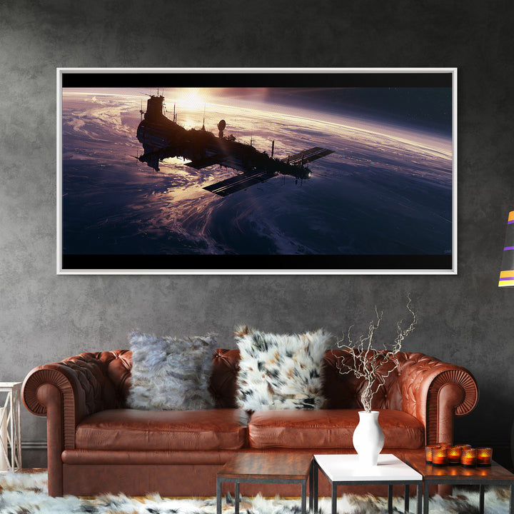 Space Station Silhouetted by Sunrise Framed Canvas Print, Space Art, Digital Wall Art, Spa Decor, Oil Painting, Serenity, SAR-2x1-92