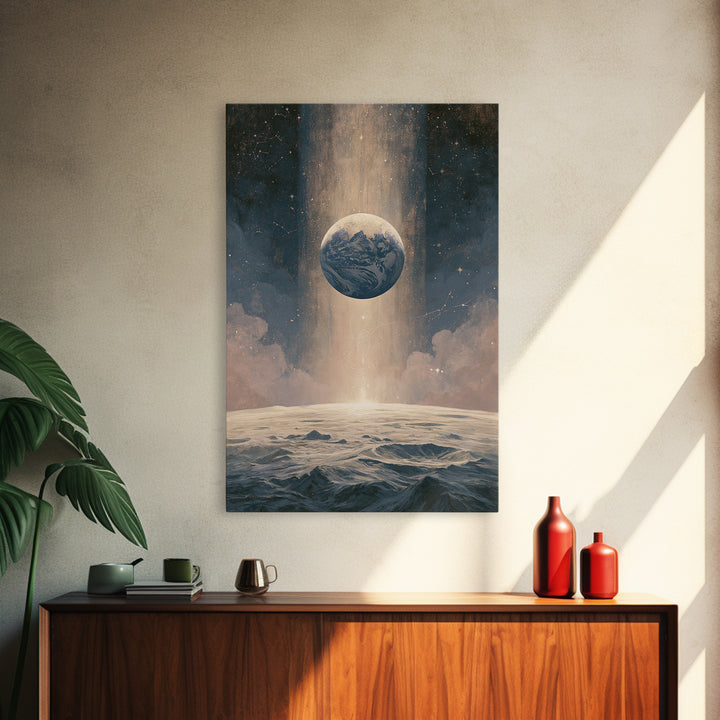Moon Surface with Earth Hanging Above Framed Canvas Print, Space Art, Canvas Wall Art, Spa Decor, Fine Art, Serenity, SAR-2x3-37
