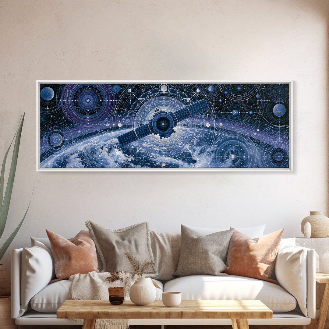 Satellite Orbiting Above Blue Planet Canvas Print, Space Art, Painting, Spa Decor, Abstract Art, Serenity, Canvas Wall Art, SAR-3x1-100
