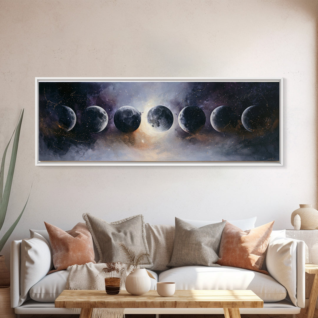 Moon Phases in Elegant Monochrome Framed Canvas Print, Space Art, Statement Artwork, Spa Decor, Fine Art, Serenity, Wall Decor, SAR-3x1-57