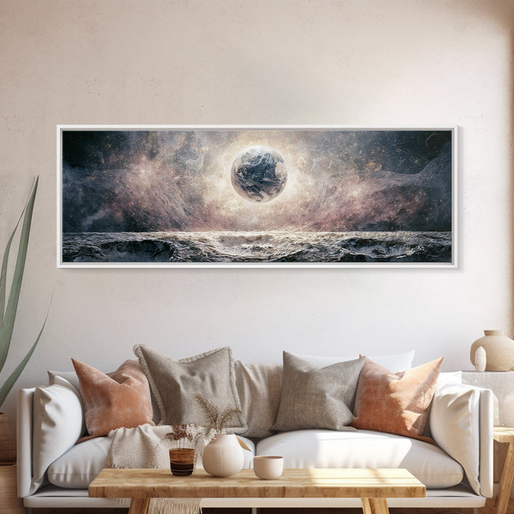 Moon Surface with Earth Hanging Above Canvas Print, Space Art, Home Decor, Spa Decor, Fine Art, Serenity, Wall Art Prints, SAR-3x1-93