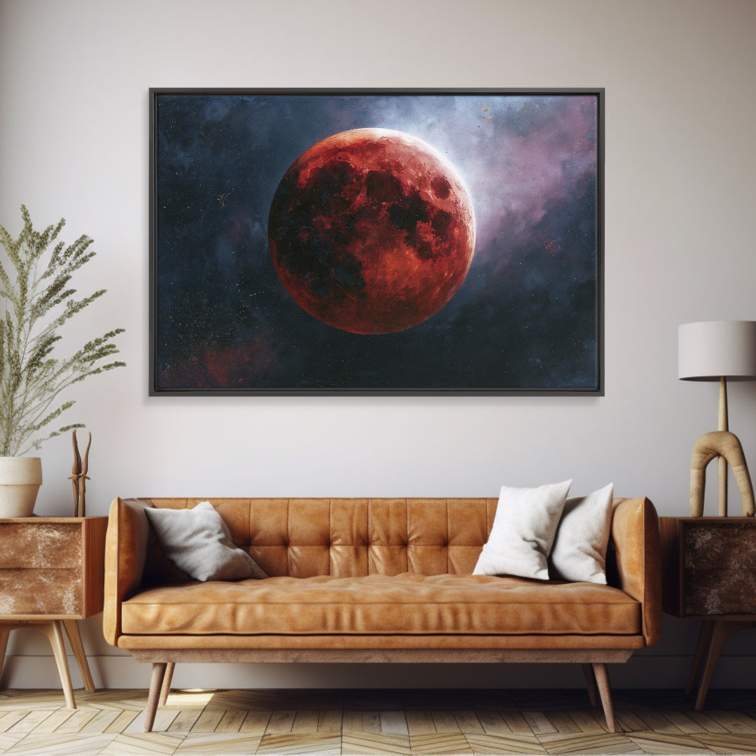 Lunar Eclipse in Deep Red Tones Framed Canvas Print, Space Art, Digital Art, Spa Decor, Fine Art, Serenity, Modern Wall Art, SAR-3x2-39