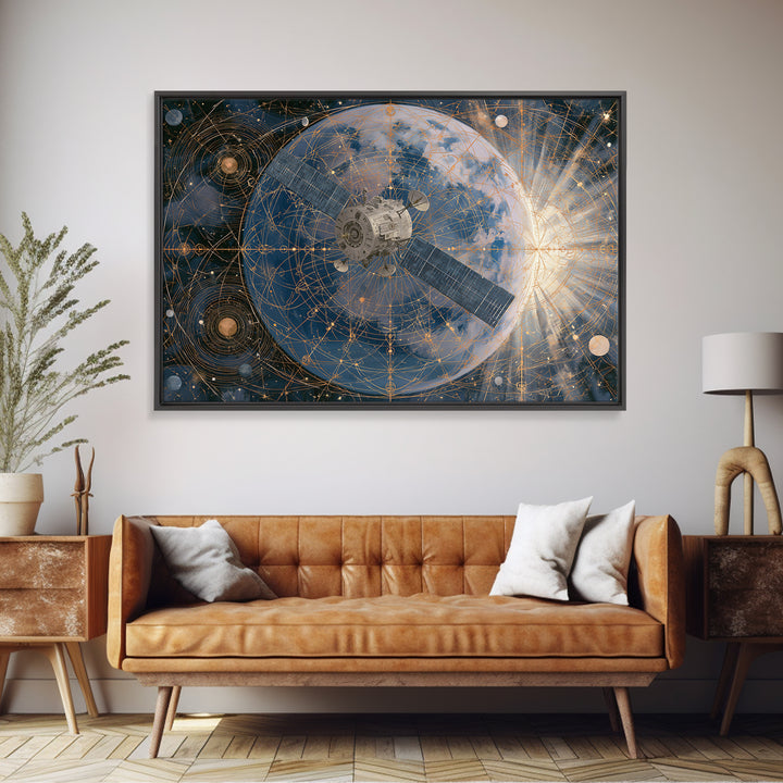 Satellite Orbiting Above Blue Planet Framed Canvas Print, Space Art, Textured Painting, Spa Decor, Oil Painting, Serenity, SAR-3x2-40