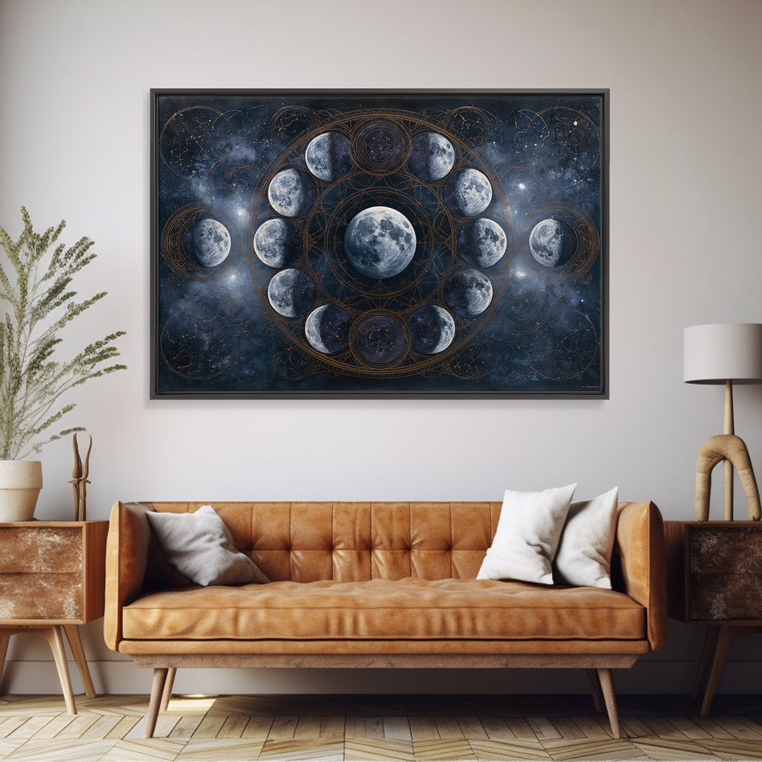 Moon Phases in Elegant Monochrome Framed Canvas Print, Space Art, Textured Painting, Spa Decor, Fine Art, Serenity, Art Prints, SAR-3x2-45