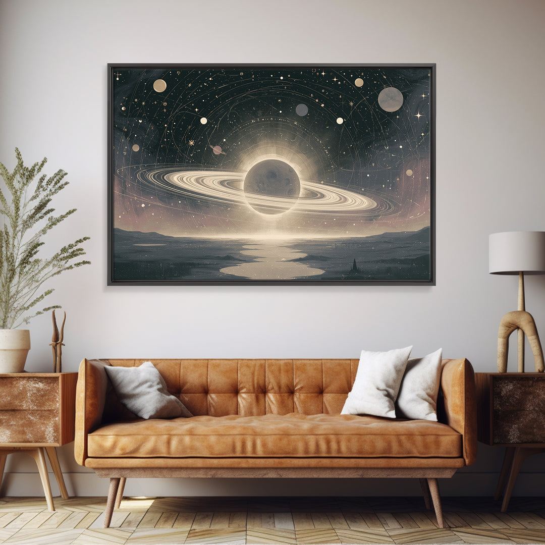 Ringed Planet Rising Framed Canvas Print, Space Art, Space, Spa Decor, Fine Art, Serenity, Statement Artwork, Boho Decor, SAR-3x2-6