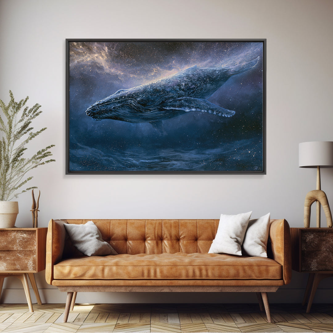Space Whale Swimming Through Star Dust Framed Canvas Print, Space Art, Posters, Spa Decor, Fine Art, Serenity, Abstract Art, SAR-3x2-60
