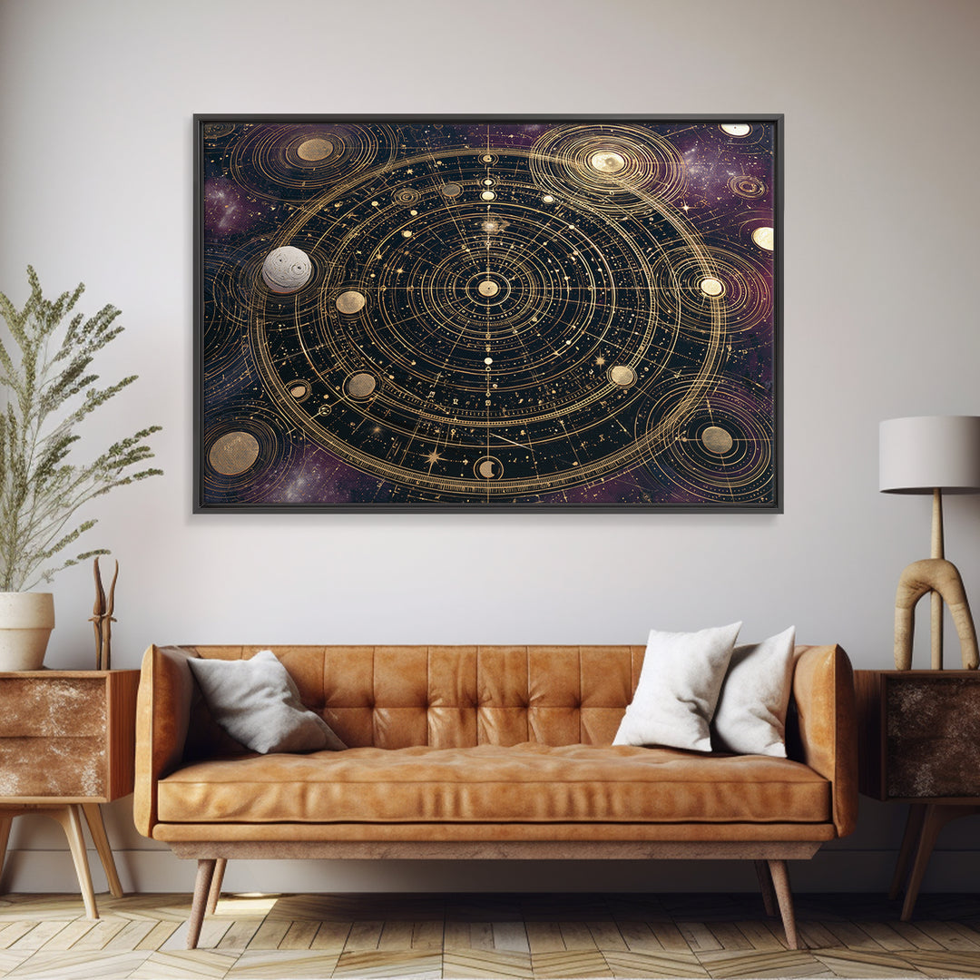 Solar System Arrangement Framed Canvas Print, Space Art, Spa Decor, Watercolor Art, Serenity, Living Room Wall Art, SAR-3x2-80