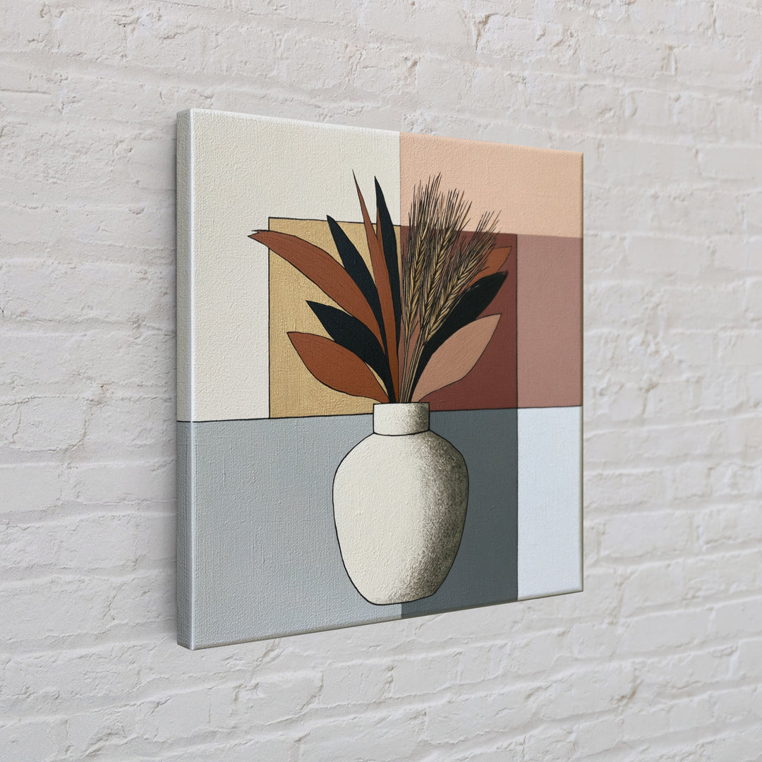 Ceramic Vase with Dried Grasses Framed Canvas Print, Scandinavian Art, Living Room Decor, Oil Painting, Nordic, SCA-1x1-37