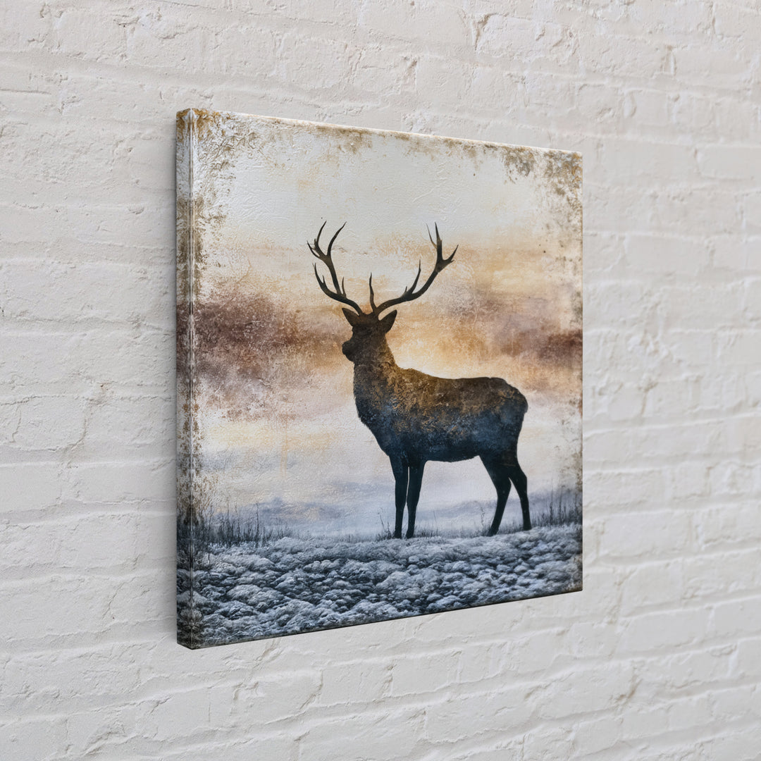 Reindeer Silhouette in Snowy Landscape Framed Canvas Print, Scandinavian Art, Abstract Painting, Living Room Decor, Nordic, SCA-1x1-6