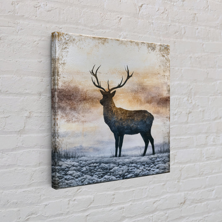 Reindeer Silhouette in Snowy Landscape Framed Canvas Print, Scandinavian Art, Abstract Painting, Living Room Decor, Nordic, SCA-1x1-6