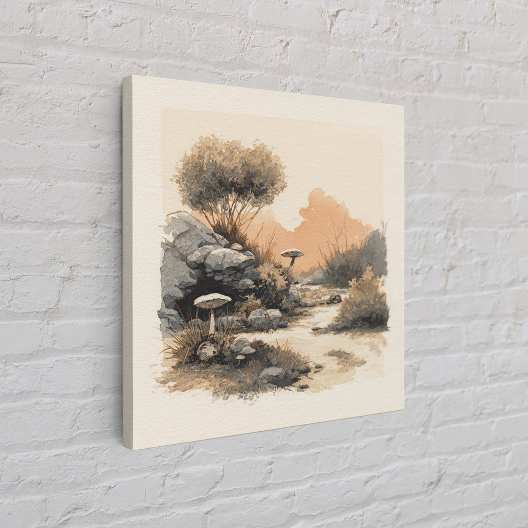 Simple Mushroom and Moss Forest Study Framed Canvas Print, Scandinavian Art, Abstract Painting, Living Room Decor, Nordic, SCA-1x1-72