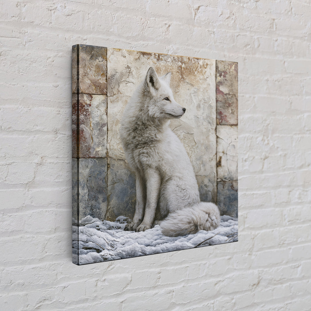 White Fox in Quiet Snow Framed Canvas Print, Scandinavian Art, Living Room Wall Art, Living Room Decor, Abstract Art, Nordic, SCA-1x1-84