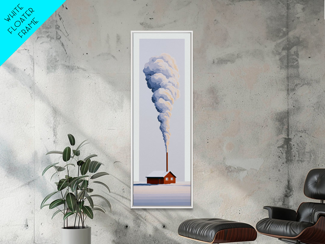 Winter Cabin Smoke Framed Canvas Print, Scandinavian Art, Fine Art Print, Living Room Decor, Oil Painting, Nordic, Printable, SCA-1x3-54