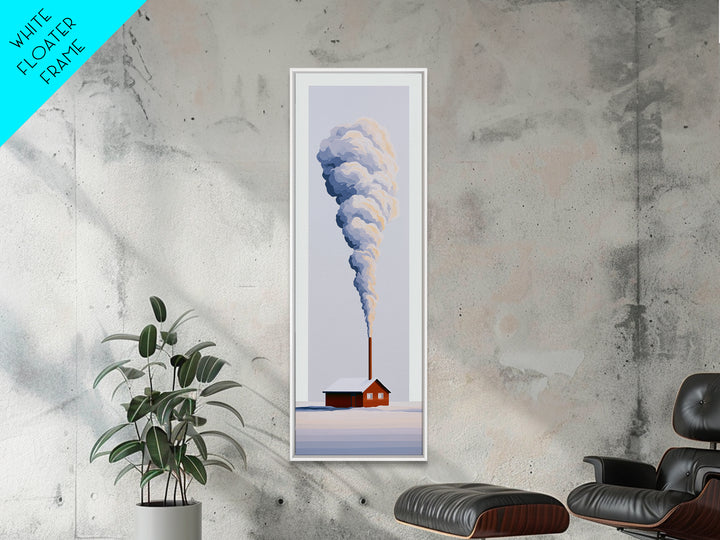 Winter Cabin Smoke Framed Canvas Print, Scandinavian Art, Fine Art Print, Living Room Decor, Oil Painting, Nordic, Printable, SCA-1x3-54