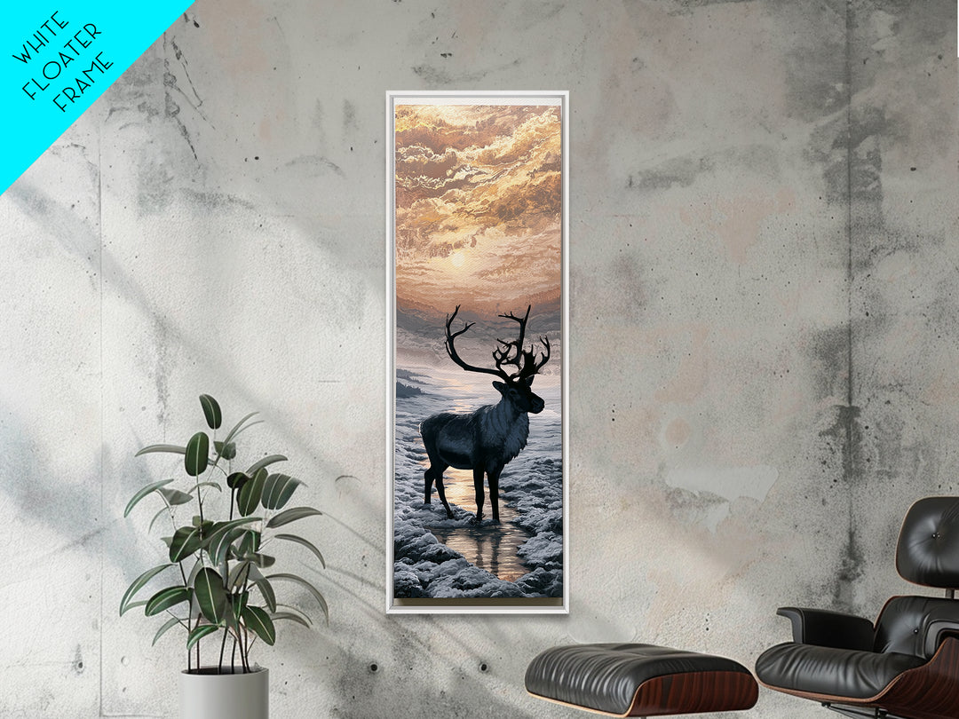 Reindeer Silhouette in Snowy Landscape Framed Canvas Print, Scandinavian Art, Wall Art, Living Room Decor, Fine Art, Nordic, SCA-1x3-66