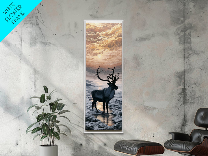 Reindeer Silhouette in Snowy Landscape Framed Canvas Print, Scandinavian Art, Wall Art, Living Room Decor, Fine Art, Nordic, SCA-1x3-66