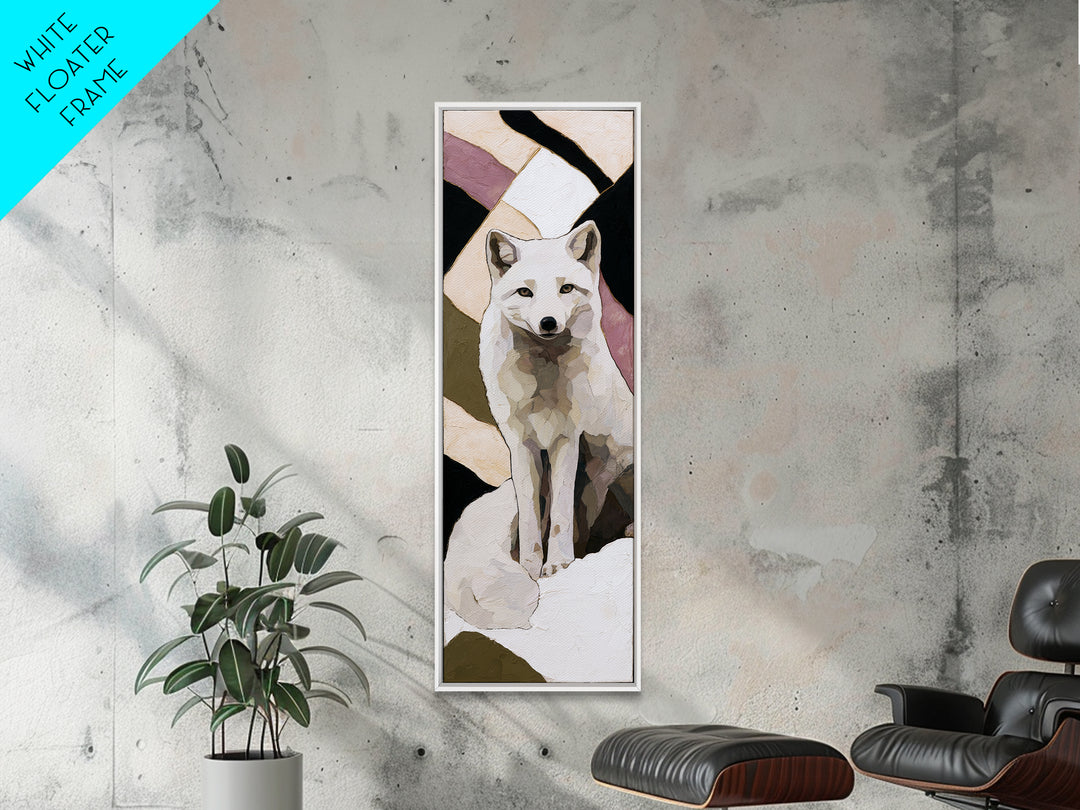 White Fox in Quiet Snow Framed Canvas Print, Scandinavian Art, Statement Artwork, Living Room Decor, Abstract Art, Nordic, SCA-1x3-96