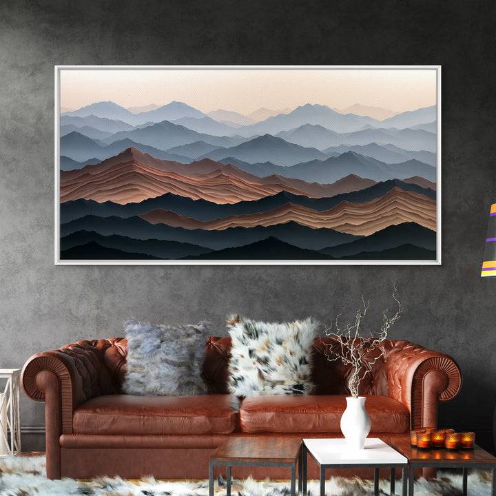 Muted Mountain Layers Framed Canvas Print, Scandinavian Art, Boho Wall Decor, Living Room Decor, Oil Painting, Nordic, SCA-2x1-100