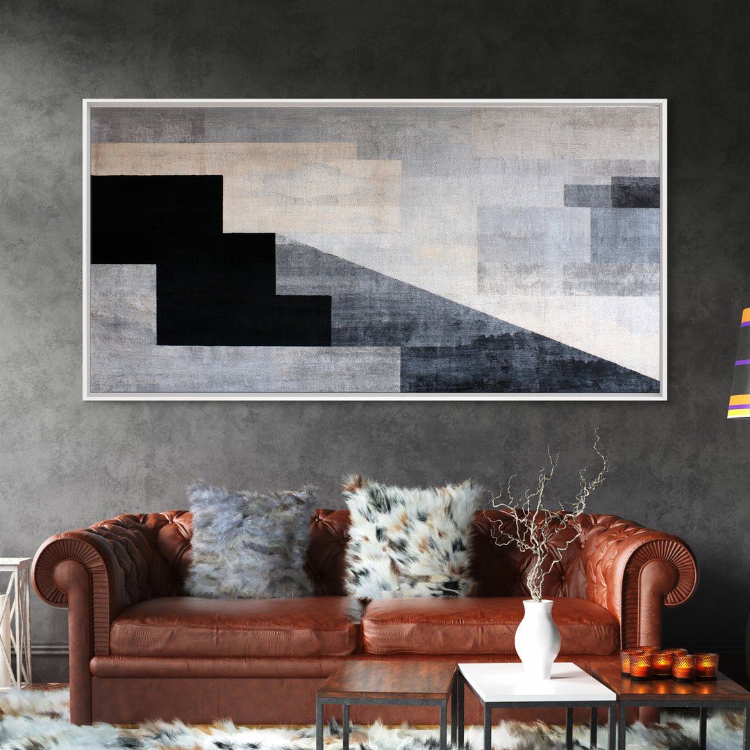 Herringbone Monochrome Pattern Framed Canvas Print, Scandinavian Art, Wall Art, Living Room Decor, Fine Art, Nordic, SCA-2x1-18