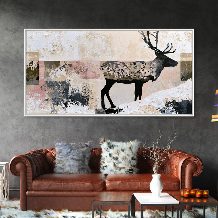 Reindeer Silhouette in Snowy Landscape Canvas Print, Scandinavian Art, Art, Living Room Decor, Fine Art, Nordic, Abstract Art, SCA-2x1-2