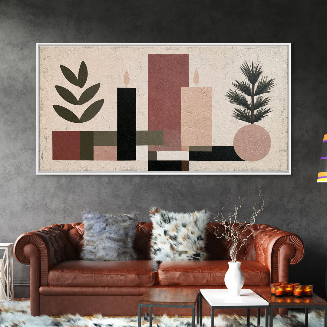 Hygge Candle and Pine Branch Still Life Framed Canvas Print, Scandinavian Art, Living Room Decor, Oil Painting, Nordic, SCA-2x1-24