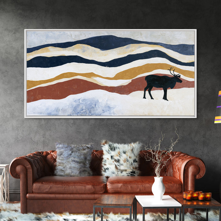 Reindeer Silhouette in Snowy Landscape Canvas Print, Scandinavian Art, Art, Living Room Decor, Fine Art, Nordic, Abstract Art, SCA-2x1-26