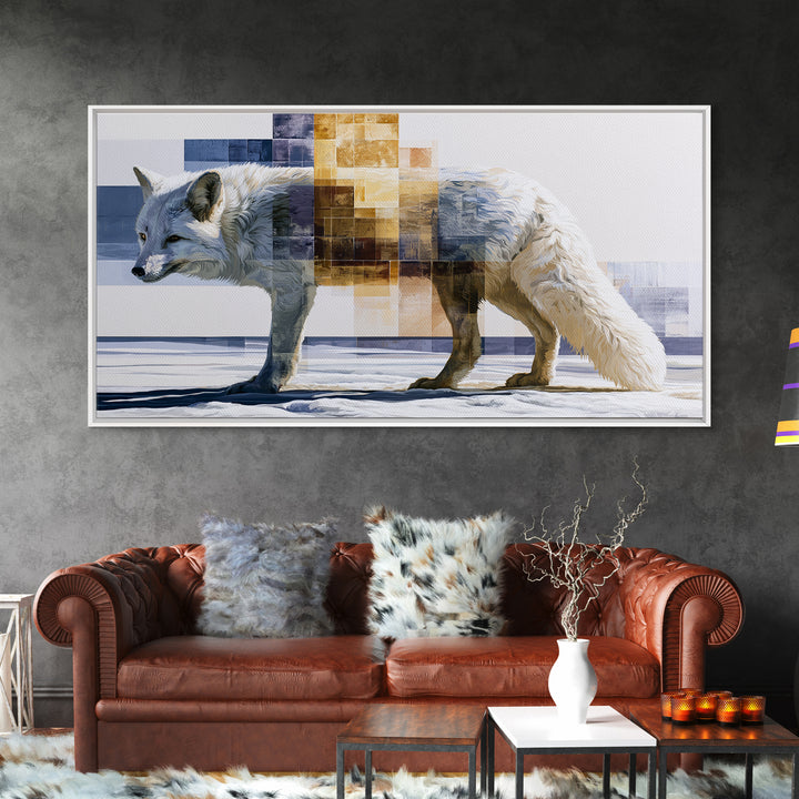 White Fox in Quiet Snow Canvas Print, Scandinavian Art, Home Decor, Living Room Decor, Oil Painting, Nordic, Wall Hanging, SCA-2x1-32