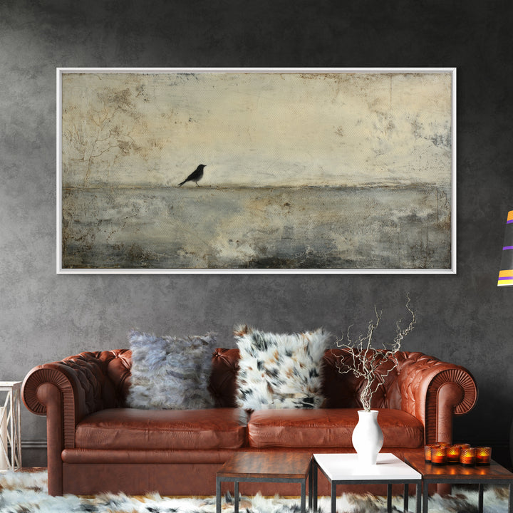 Single Black Branch on Warm White Background Framed Canvas Print, Scandinavian Art, Wall Decor, Living Room Decor, Nordic, SCA-2x1-40