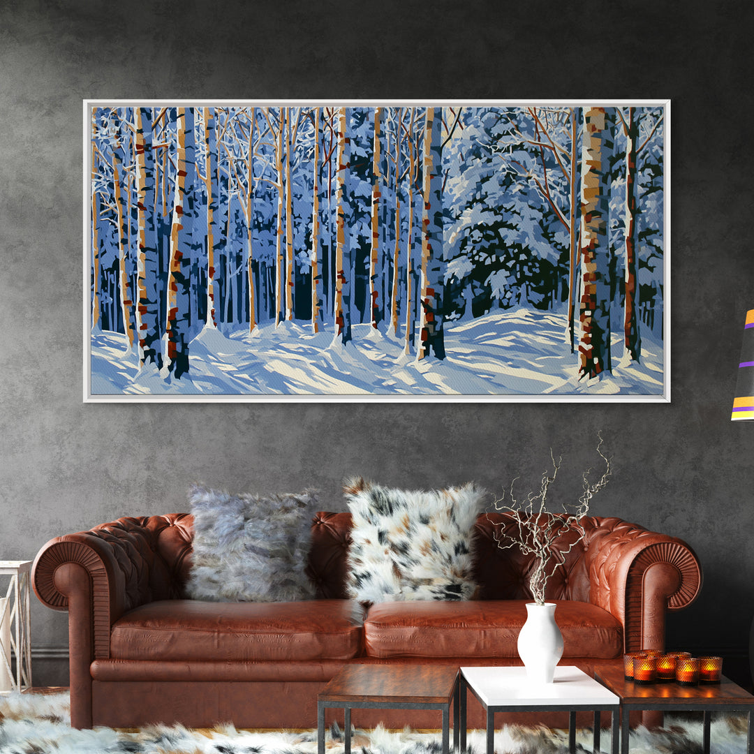Snowy Nordic Forest Framed Canvas Print, Scandinavian Art, Abstract Wall Art, Living Room Decor, Oil Painting, Nordic, SCA-2x1-45