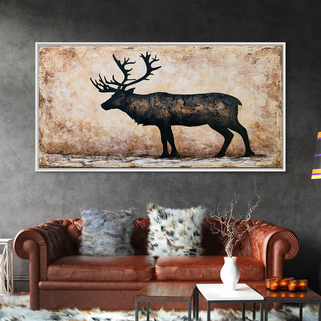 Reindeer Silhouette in Snowy Landscape Canvas Print, Scandinavian Art, Mid Century Modern, Living Room Decor, Nordic, SCA-2x1-50
